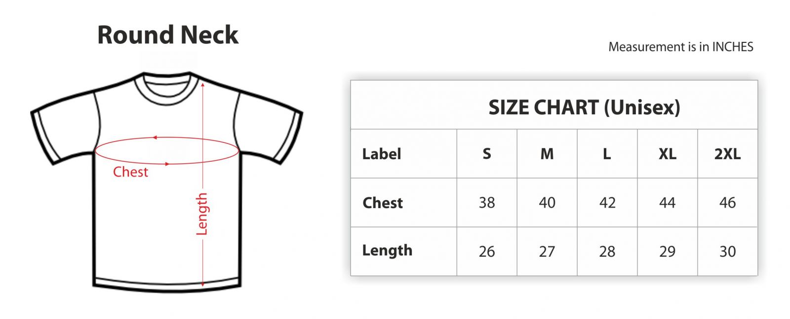 Round Neck TShirt Sizes for Men & Women